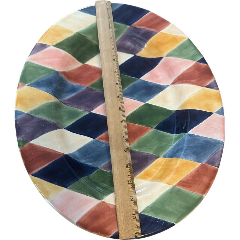 Tabletops Unlimited Carnival Diamond Handpainted 18" Oval Serving Platter XLarge - Picture 7 of 11